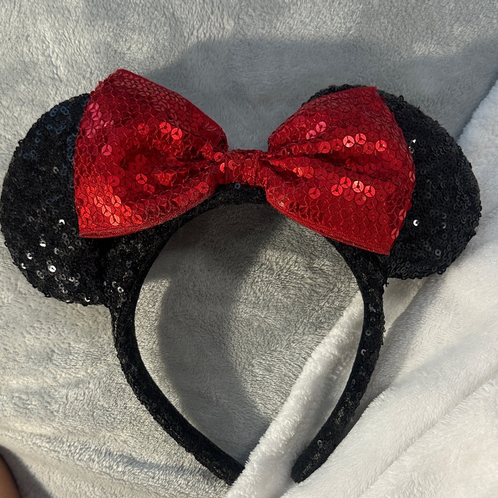Disney Black Sequin Ears with Red Bow Headband